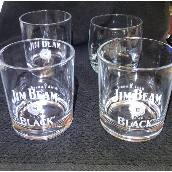 Jim Beam Black Whiskey Rocks Glasses Football Etched In One- Lot Of 4 Different